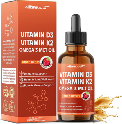 Vitamin D3 10,000 IU & K2 150mcg Liquid Drops with Omega-3 MCT Oil – Immune Support, Heart & Joint Health, Bone & Muscle Support – Raspberry Flavour – 60ml