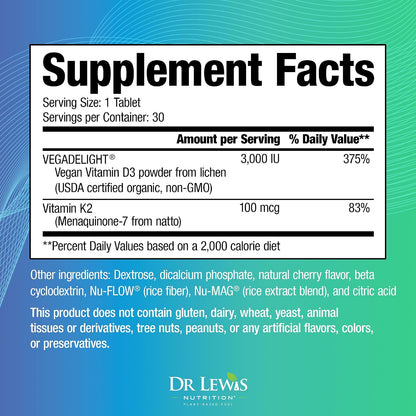 Liposomal Vitamins D3 + K2 Supplement – Doctor-Formulated, Plant-Based, 30 Chewable Vegan Tablets