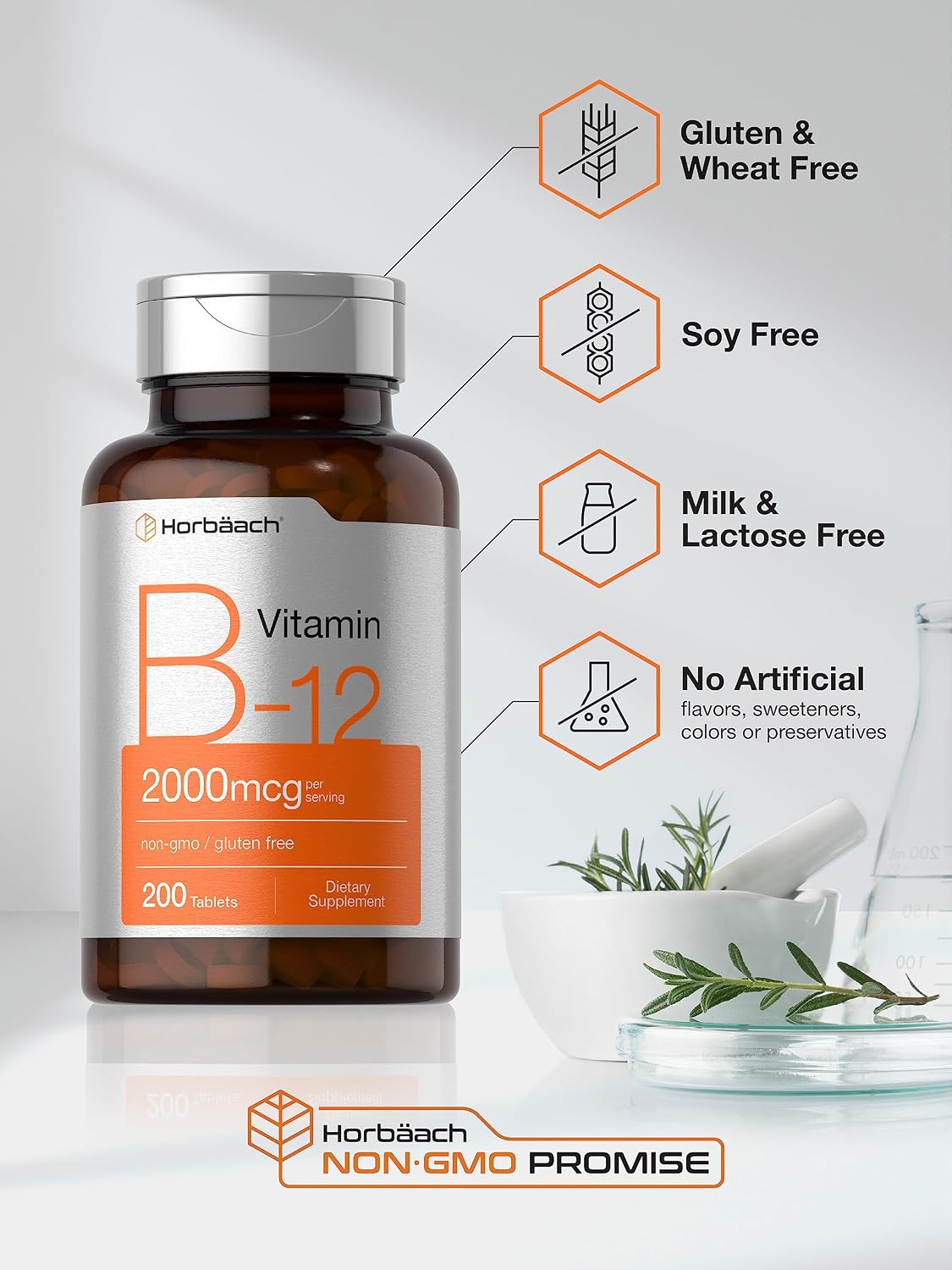 Horbäach B12 Vitamin 2000 mcg | 200 Vegetarian Tablets | Non-GM & Gluten-free - görsel 4