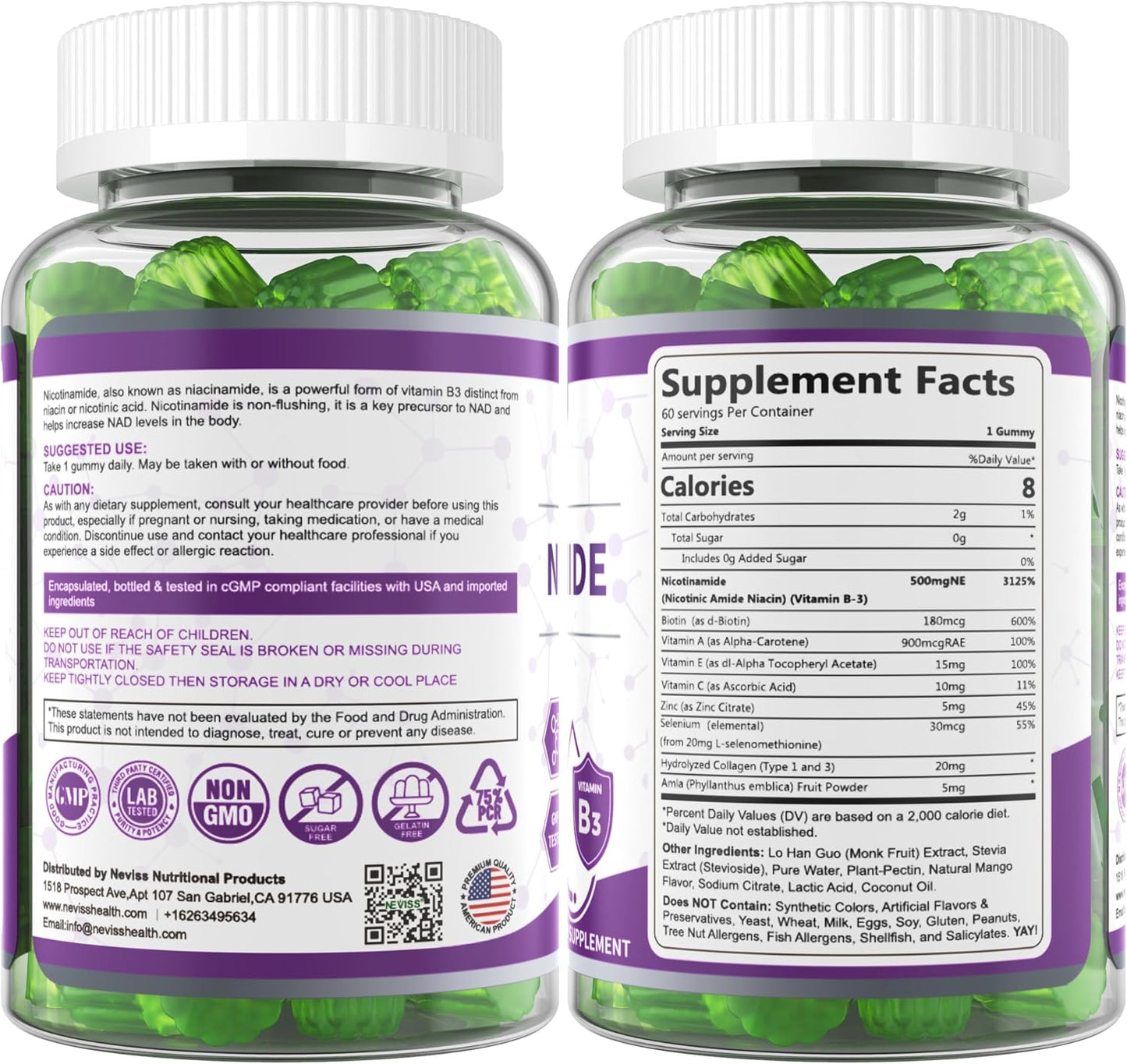 Sugar Free Nicotinamide 500mg Gummies - Flush Free Niacin, Vitamin B3 Niacinamide Supplement, 120 Count - görsel 8