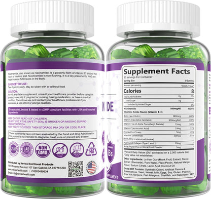 Sugar Free Nicotinamide 500mg Gummies - Flush Free Niacin, Vitamin B3 Niacinamide Supplement, 120 Count