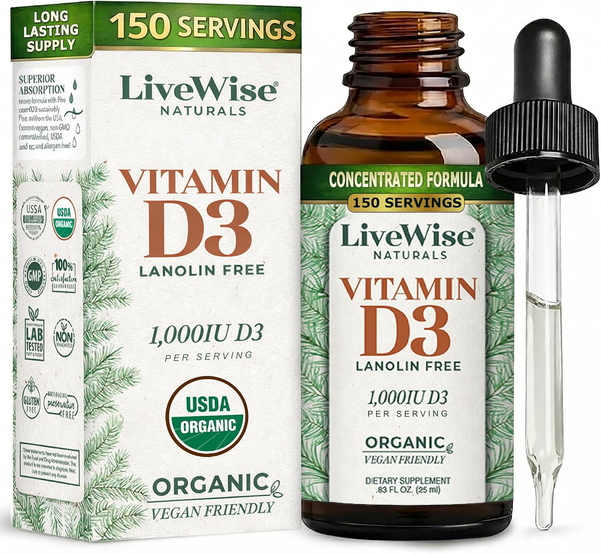 Live Wise Naturals Vitamin D3 1000 IU (25 mcg) Drops – Vegan, Organic MCT Oil, 150 Doses - görsel 1