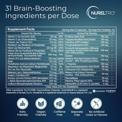 Nureltro All-in-One Nootropic Brain Supplement for Memory, Focus and Mood – 120 Capsules