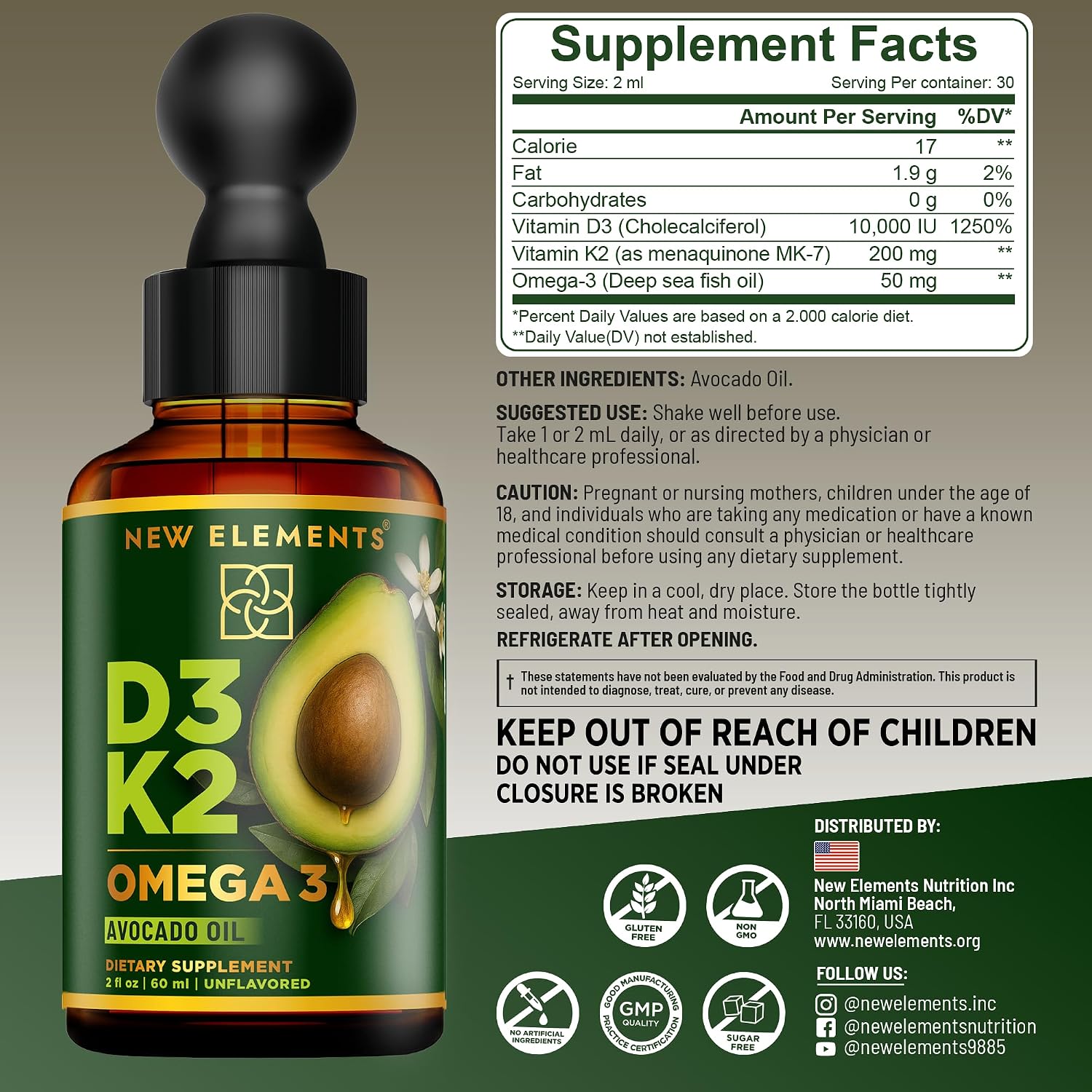 New Elements Liquid Vitamin D3 + K2 Drops, 10,000 IU with Omega-3 – Avocado Oil Base, Non-GMO – 60 ml - görsel 3