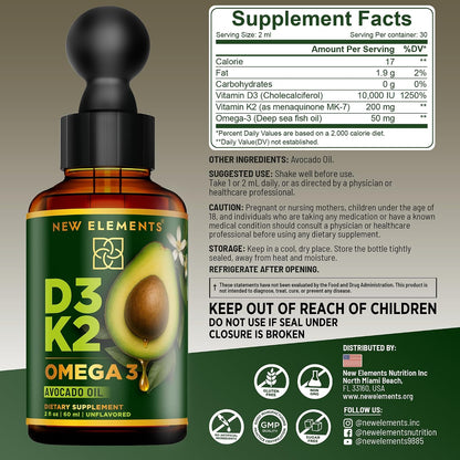 New Elements Liquid Vitamin D3 + K2 Drops, 10,000 IU with Omega-3 – Avocado Oil Base, Non-GMO – 60 ml