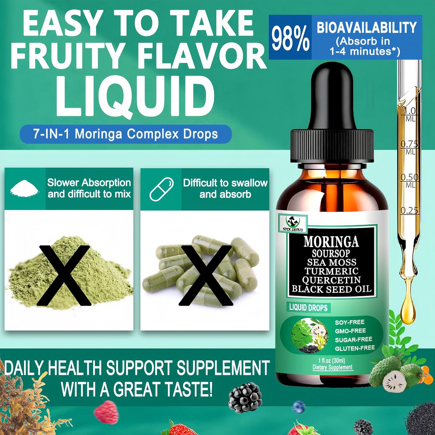 Moringa Drops: Pure Moringa Oleifera Liquid Extract with Soursop, Sea Moss, Black Seed Oil, Quercetin & Turmeric - Superfood Blend for Energy and Immune Support (30 Servings) - görsel 5