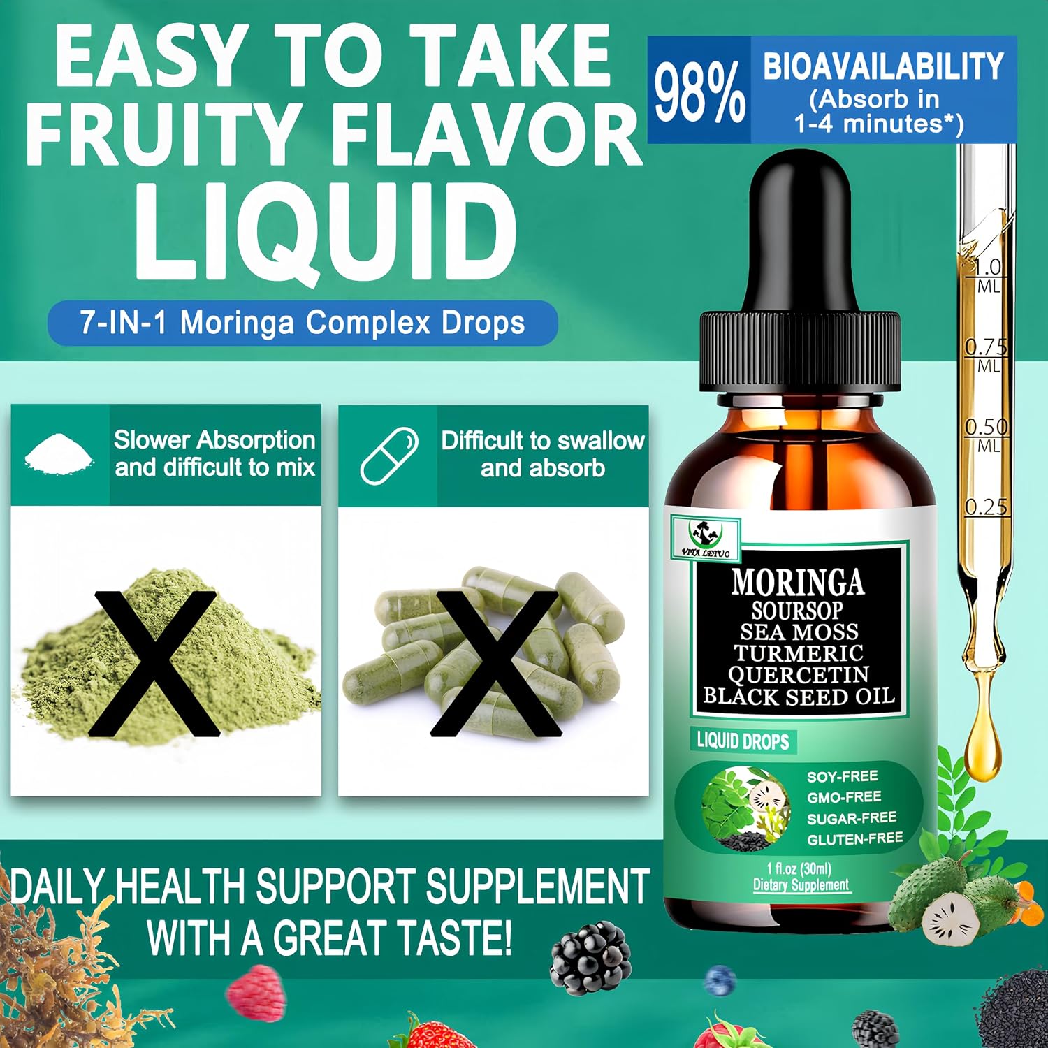 Moringa Drops: Pure Moringa Oleifera Liquid Extract with Soursop, Sea Moss, Black Seed Oil, Quercetin & Turmeric - Superfood Blend for Energy and Immune Support (30 Servings) - görsel 5