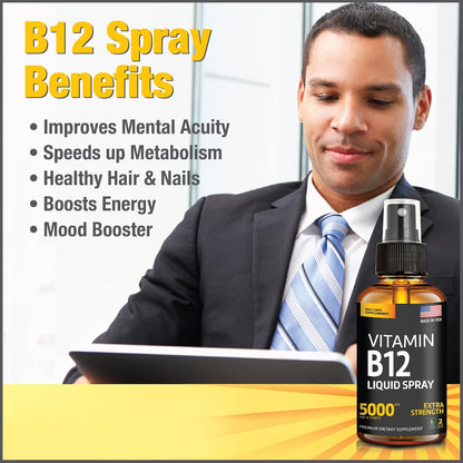 Liquid B12 Spray 5000 mcg – Sublingual Vitamin B12 Methylcobalamin – Vegan, Gluten-Free, Non-GMO (Pack of 2)
