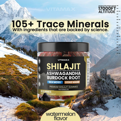 Pure Shilajit Gummies - Sea Moss, Ashwagandha, 85+ Trace Minerals - Watermelon Flavour - 60ct