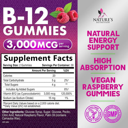 Vitamin B12 Energy Gummies – 3000 mcg Extra Strength, Berry Flavour
