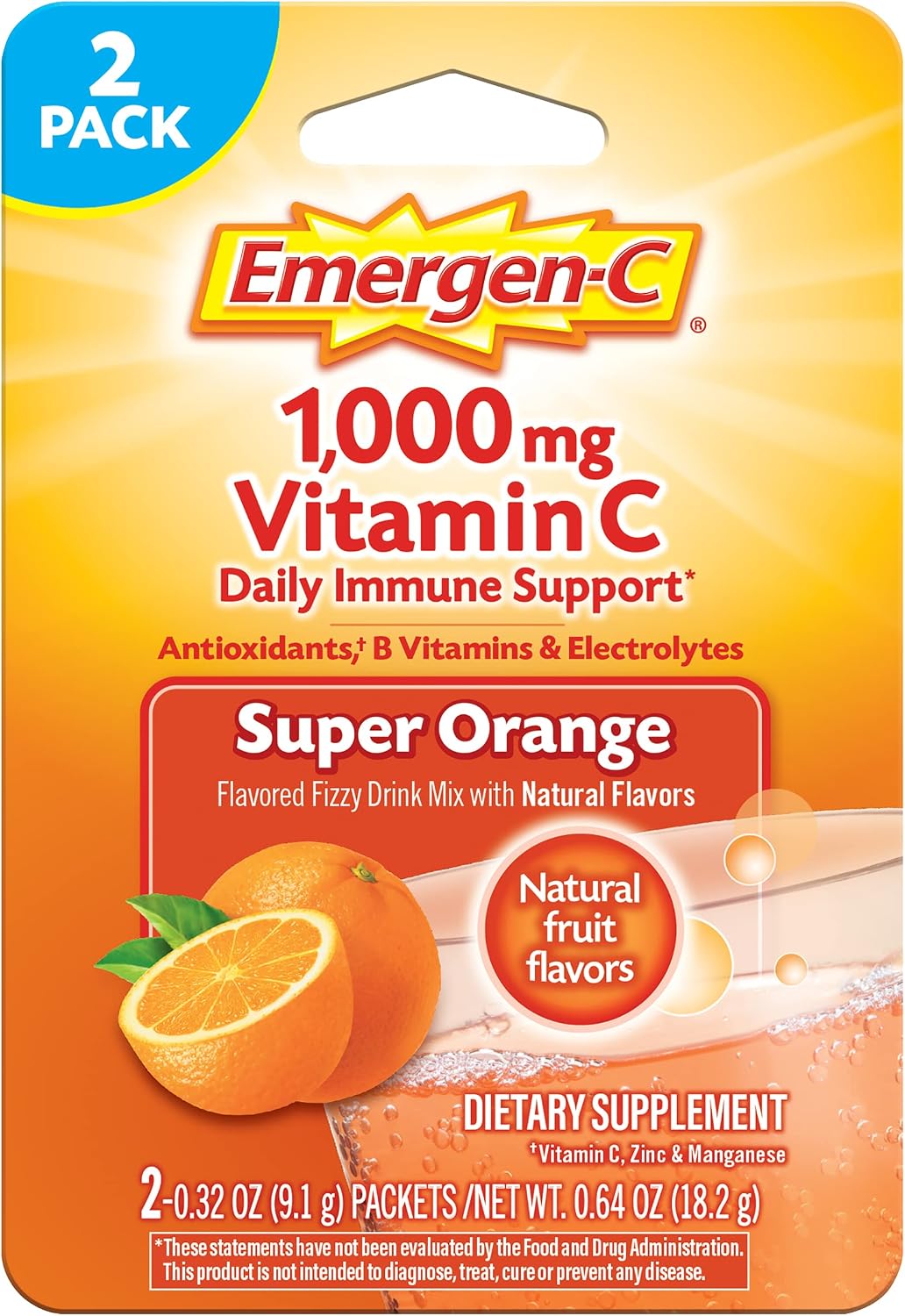 Emergen-C 1000mg Vitamin C Immune Support Powder, Super Orange, 2 Count - görsel 1