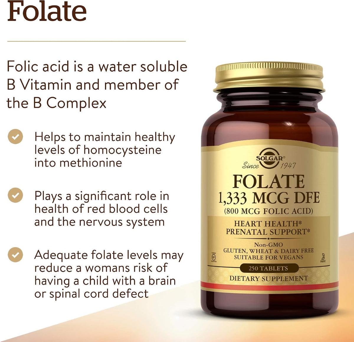 Solgar Folate 1,333 mcg DFE (800 mcg Folic Acid) - 250 Tablets - görsel 3