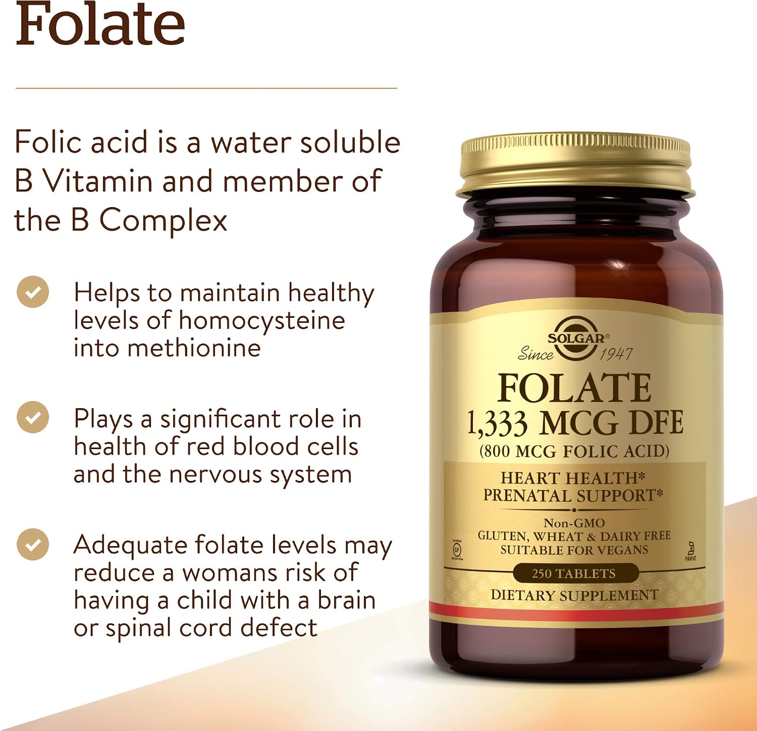 Solgar Folate 1,333 mcg DFE (800 mcg Folic Acid) - 250 Tablets - görsel 3