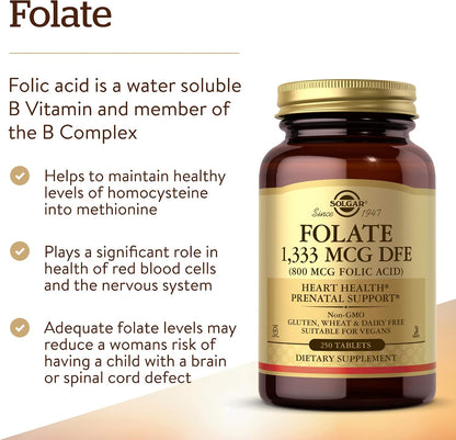 Solgar Folate 1,333 mcg DFE (800 mcg Folic Acid) - 250 Tablets