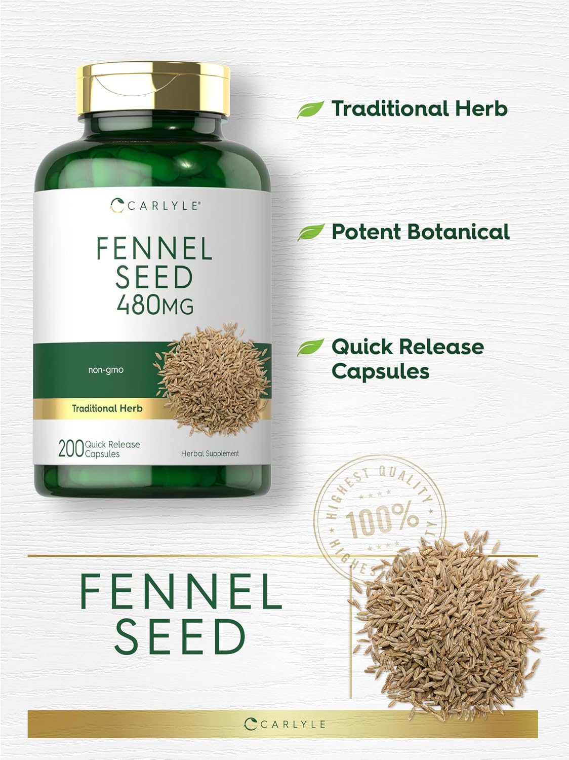 Carlyle Fennel Seed 480mg | 200 Capsules | Herbal Supplement | Non-GMO - görsel 3