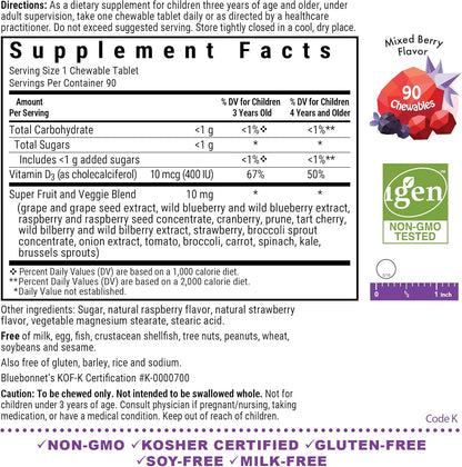 Bluebonnet Nutrition Rainforest Animalz Vitamin D3 400 IU Chewable Tablets, Mixed Berry Flavour, 90 Chewables