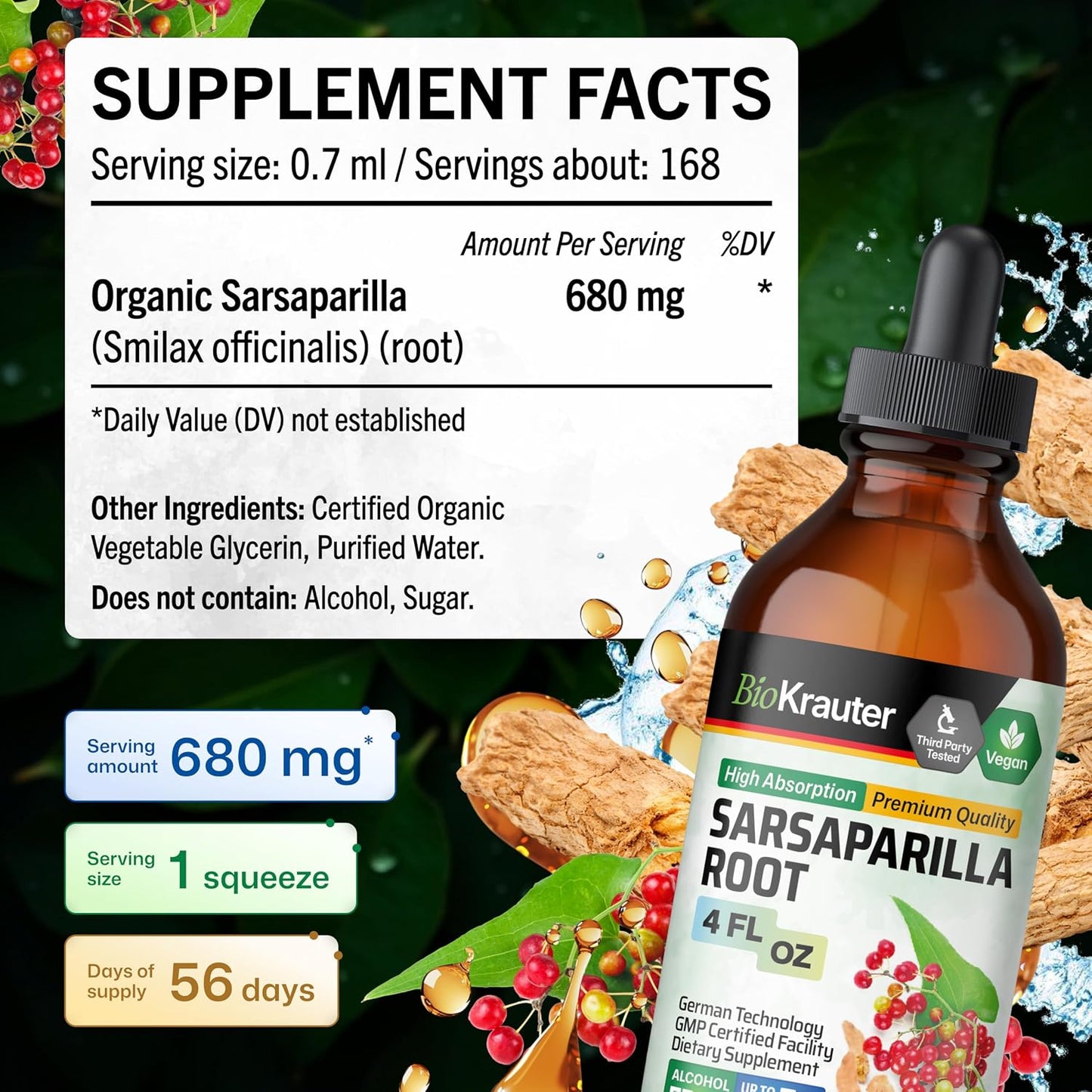 BIO KRAUTER® Sarsaparilla Root Extract 118 ml - Natural Liquid Supplement for Liver Support & Detox, Alcohol & Sugar Free, 56-Day Supply - görsel 4