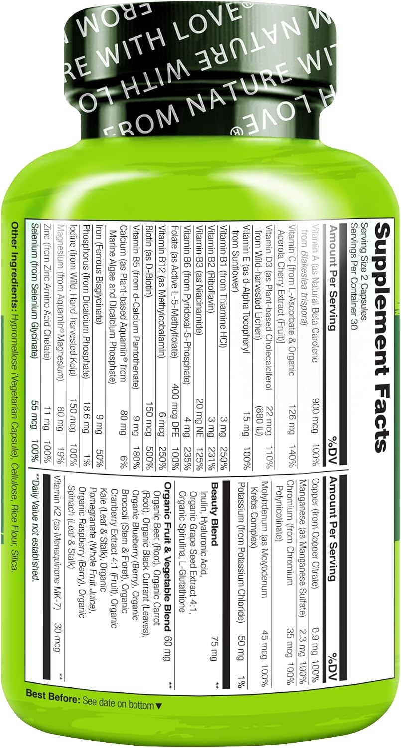 NATURELO Whole Food Multivitamin with Extra Hair, Skin and Nails Support - Beauty Blend with Hyaluronic Acid & Grape Seed - – Image 8