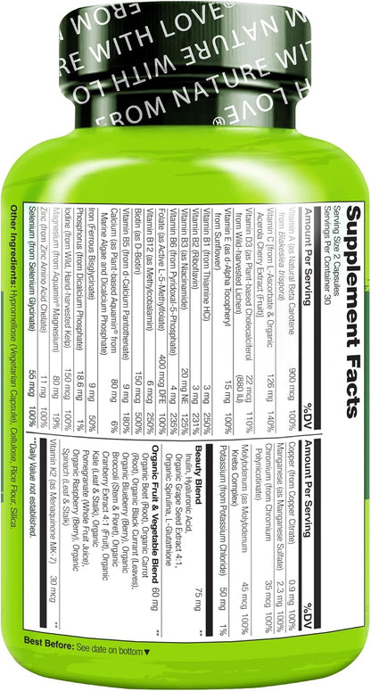 NATURELO Whole Food Multivitamin with Extra Hair, Skin & Nails Support - Beauty Blend with Hyaluronic Acid & Grape Seed, 60 Vegan Capsules (Pack of 2)