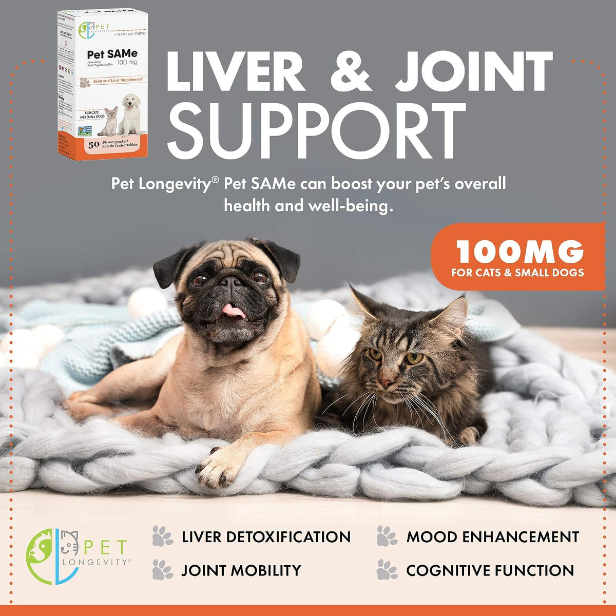 Pet Longevity SAM-e 100 mg – Liver and Joint Support for Cats & Small Dogs – 50 Enteric Coated Tablets - görsel 3