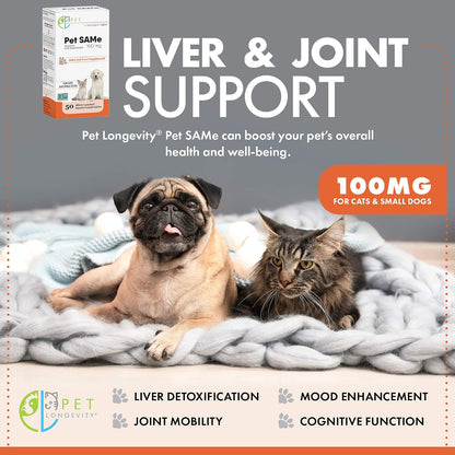 Pet Longevity SAM-e 100 mg – Liver and Joint Support for Cats & Small Dogs – 50 Enteric Coated Tablets