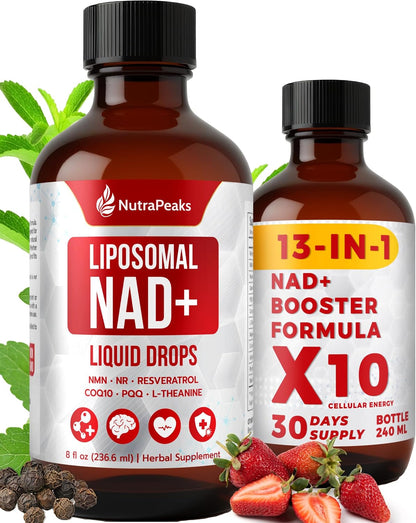 NutraPeaks NAD+ Supplement Liquid - 1000mg Liposomal Formula with Nicotinamide Riboside, NMN, Resveratrol, PQQ, CoQ10, L-Theanine, Rhodiola Rosea - Berry Flavour Sticks for Cellular Energy, Focus, and Stress Balance