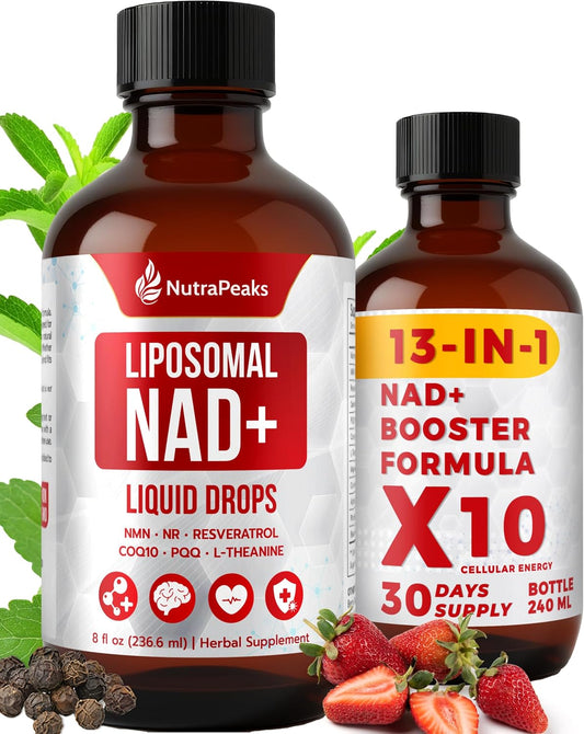 NutraPeaks NAD+ Supplement Liquid - 1000mg Liposomal Formula with Nicotinamide Riboside, NMN, Resveratrol, PQQ, CoQ10, L-Theanine, Rhodiola Rosea - Berry Flavour Sticks for Cellular Energy, Focus, and Stress Balance