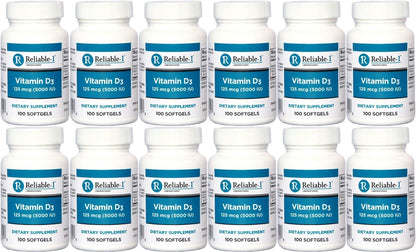 Vitamin D3 5000 IU High Potency Softgels – 100 Capsules per Bottle, Pack of 12