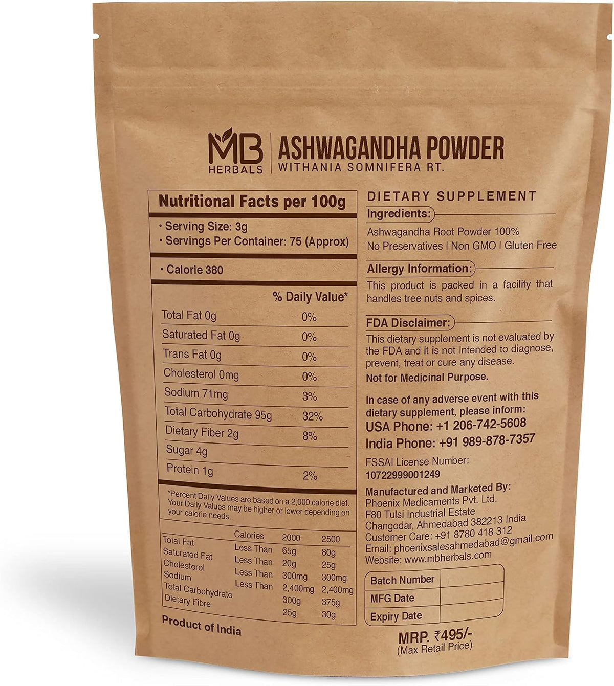 MB Herbals Ashwagandha Powder – 227 g (8 oz) – Lab Tested Root Powder - görsel 2