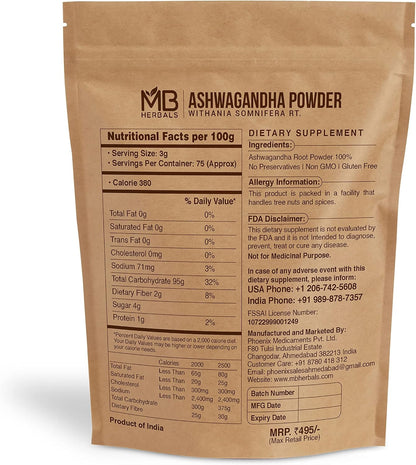 MB Herbals Ashwagandha Powder – 227 g (8 oz) – Lab Tested Root Powder