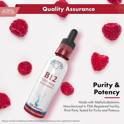 Buried Treasure B12 Drops - 1000mcg Methylcobalamin Sublingual B12, Vegan, 60 ml