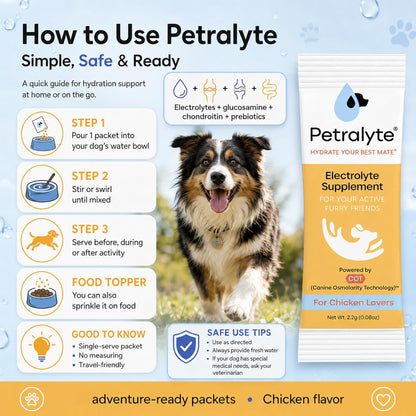 Petralyte Dog Electrolytes and Joint Supplement | Hydration Support with Glucosamine, Chondroitin & More | Electrolytes for Dogs with Prebiotics | Chicken Flavour | 16 Packets