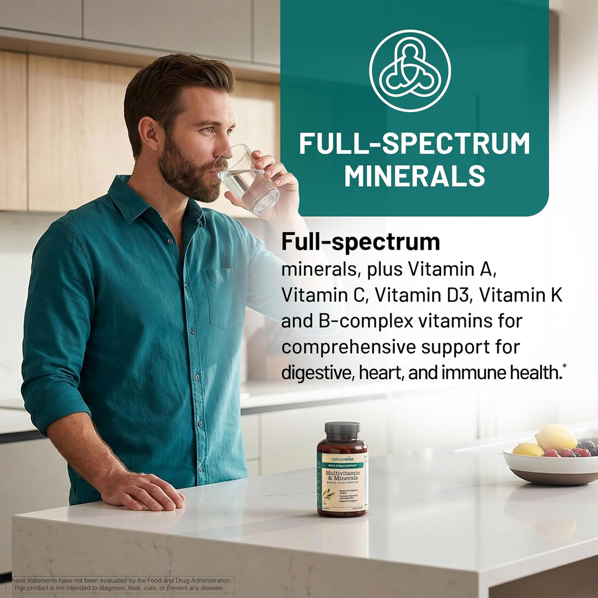 NatureWise Multivitamin for Men + Stress Support + Fulvic Ionic Minerals + Probiotics for Immunity, Male Health, Digestion + Whole Organic Foods - Vegetarian, Non-GMO - 60 Capsules - görsel 4