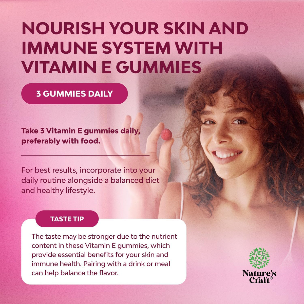 Natures Craft Vitamin E Gummies for Skin Care - High-Potency Vitamin E 400 IU Skin Supplement - Delicious & Easy-to-Take Supplement to Promote Health, Immune Support & Cellular Protection 90 Count - görsel 2