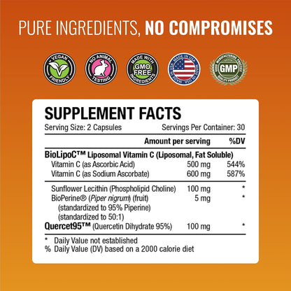 Approved Science Liposomal Vitamin C with Quercetin, 1100 mg, 180 Capsules