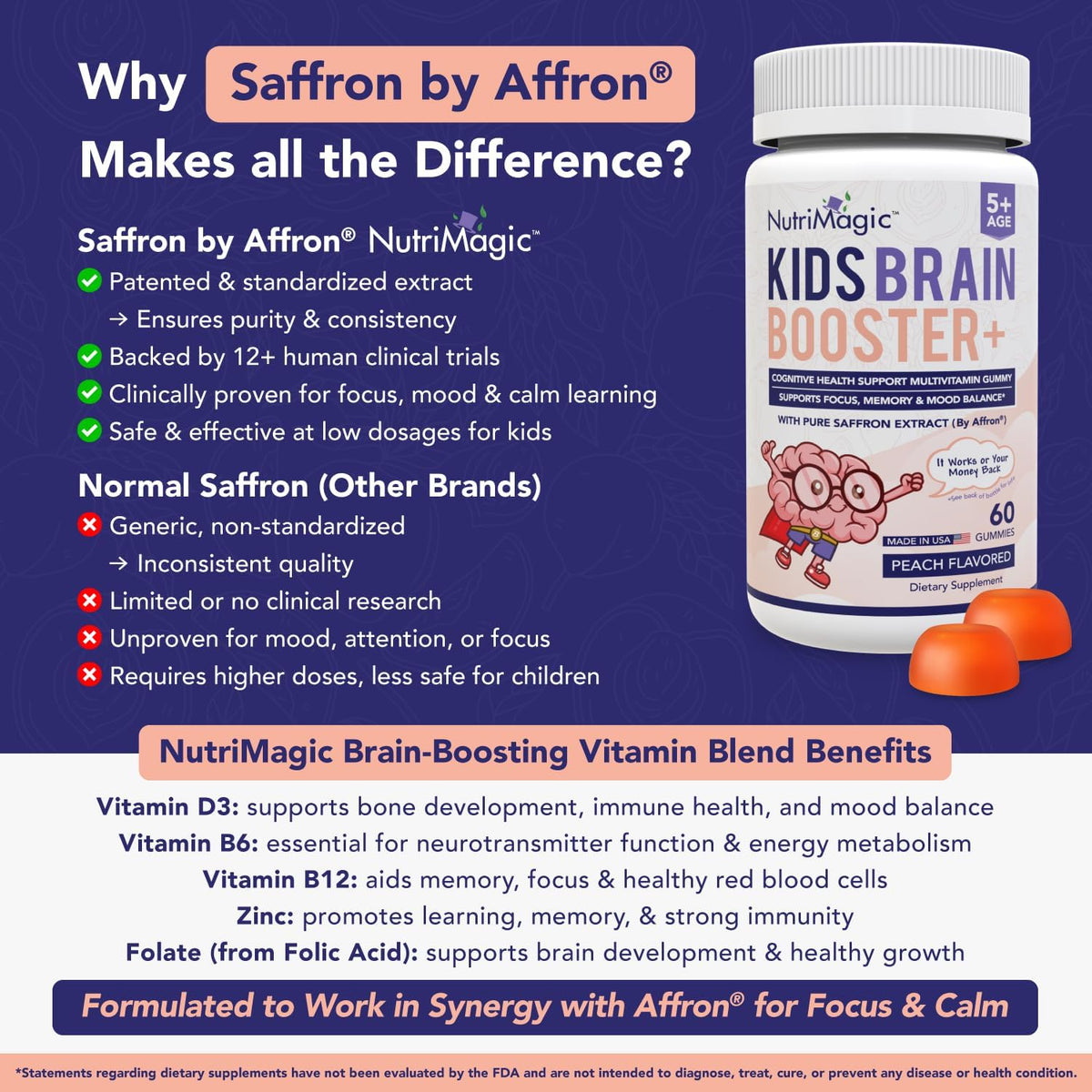 NutriMagic Children's Brain Booster+ 30mg Saffron-Based Multivitamin Gummies for Brain Health Support, Saffron Extract Gummies, Vitamin D3, B6, B12, Zinc, 120 Non-GMO Gummies (Pack of 2) - görsel 4