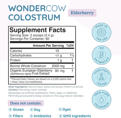 WONDERCOW Colostrum Supplement Powder – Gut Health and Immune Support, Elderberry, 60 Servings