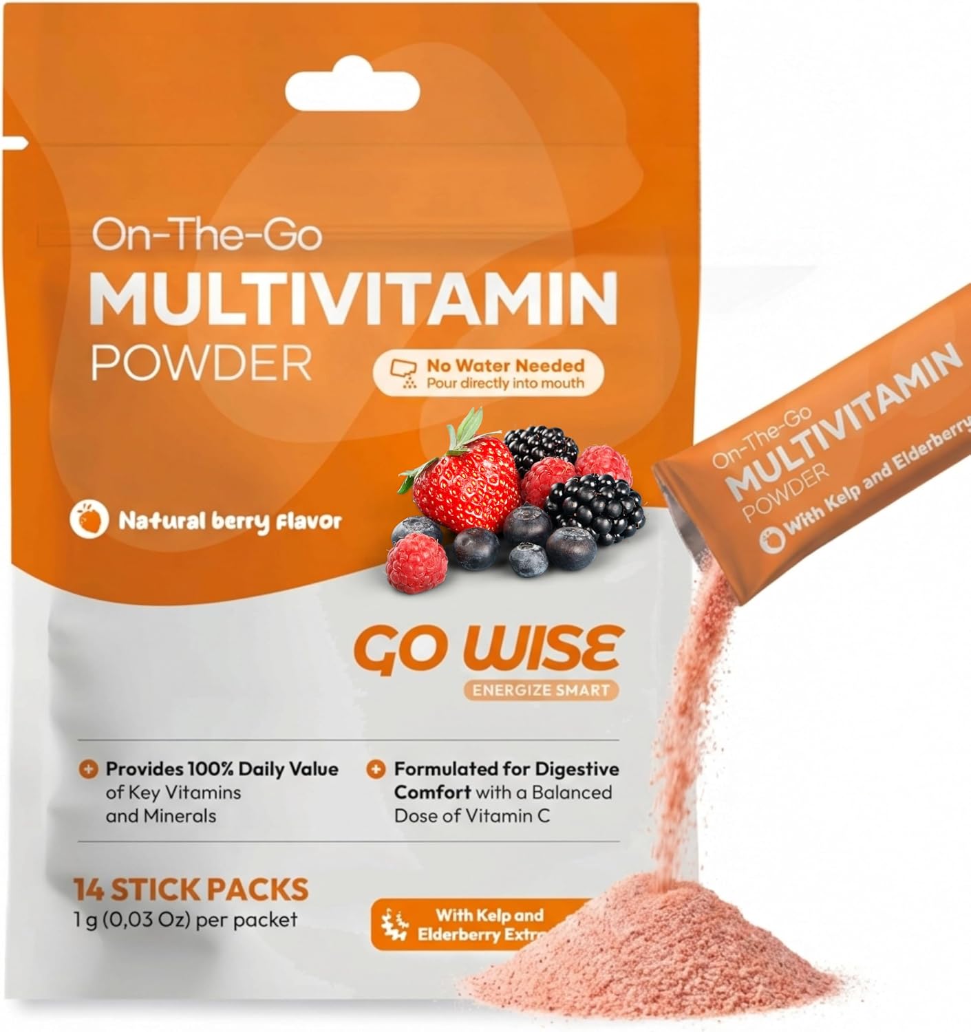 Go Wise Multivitamin Powder for Women and Men – No Water, No Pills | Vitamin B Complex, Vitamin D3, Zinc & Elderberry | Bariatric Multivitamin | Vegan Immune and Energy Support | Natural Berry - görsel 1