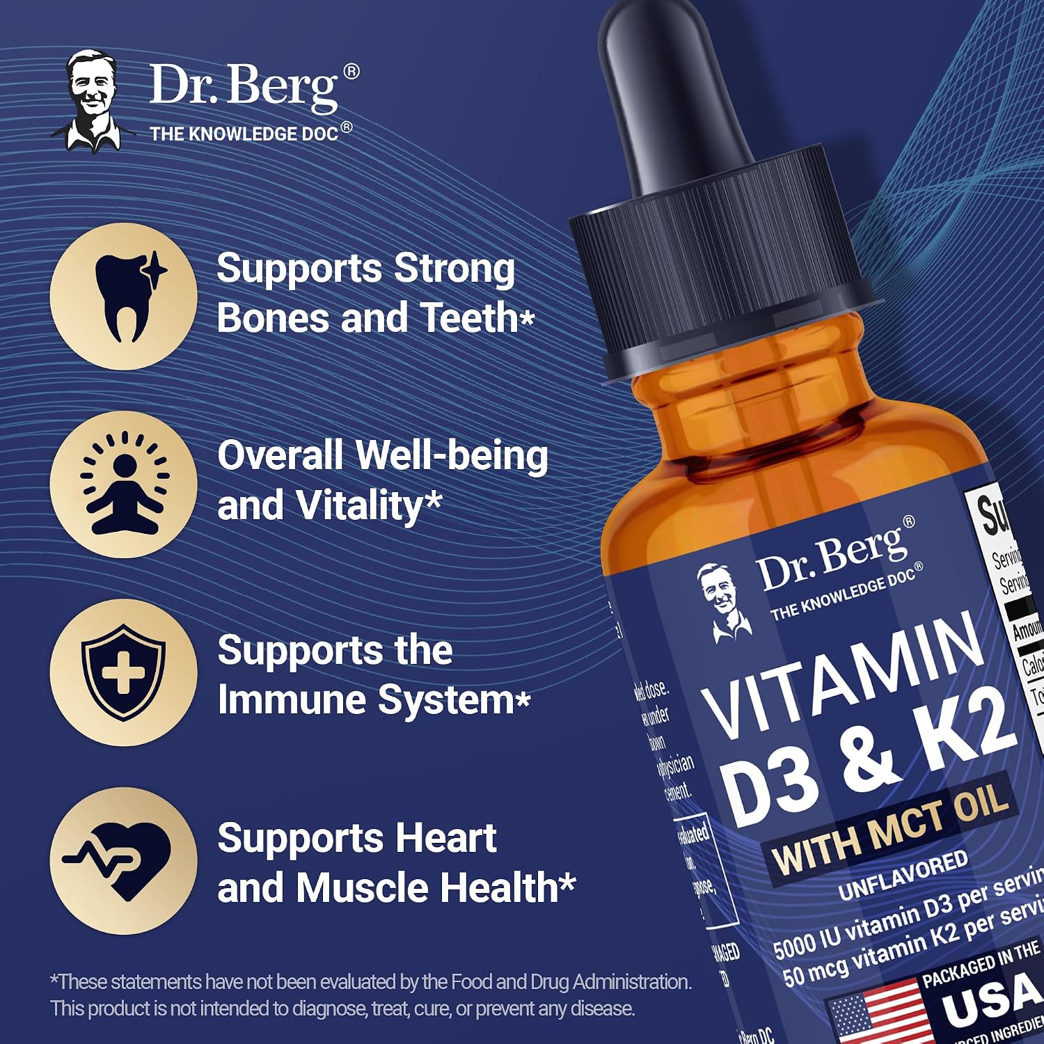 Dr. Berg Maximum Strength Vitamin D3 K2 Liquid Drops with MCT Oil - 5,000 IU D3 + 50 mcg K2 MK-7 - Unflavoured, 30 ml - görsel 2