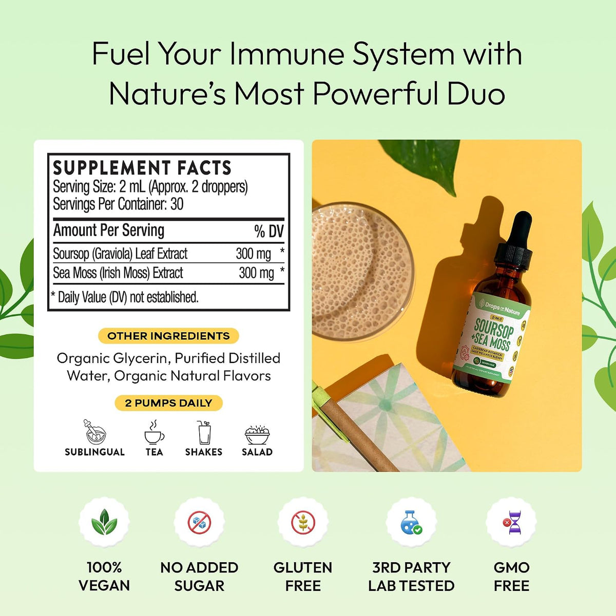 Drops Of Nature Soursop with Sea Moss Liquid Supplement – Concentrated Drops, Lemon and Lime, 60 ml - görsel 3