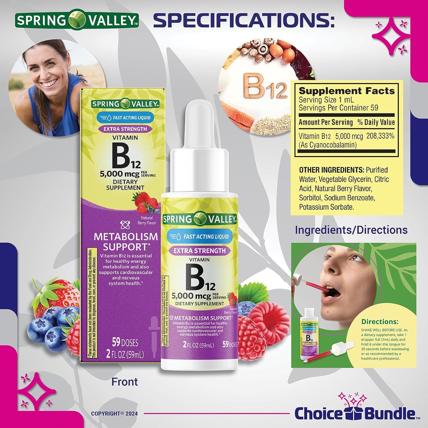 Choice Bundle Spring Valley Liquid Vitamin B12 5000 mcg Food Supplement Natural Berry Flavour 2 fl oz (60 ml) 4 Pack (approx. 240 ml Total) + Vitamin Guide and Keychain Pill Holder (6 Items) - görsel 3