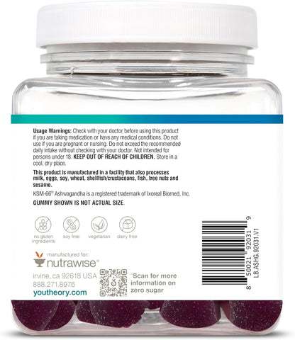 Youtheory Ashwagandha Gummies with Organic KSM-66 Ashwagandha – Sugar Free, Blueberry Flavour, 60 Vegan Gummies