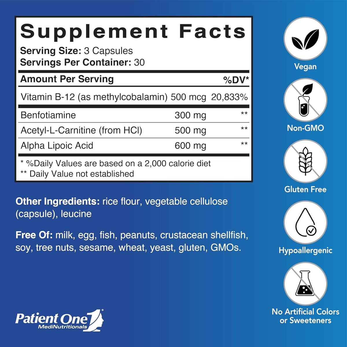 Patient One NerveCare - Nerve Support with Alpha Lipoic Acid, Vitamin B12, ALC & Benfotiamine - 90 Capsules - görsel 2