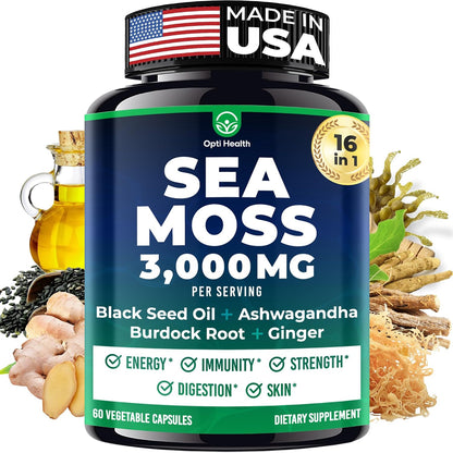 Sea Moss Black Seed Oil Ashwagandha Ginger - Advanced Irish Sea Moss Capsules All-in-One Supplement