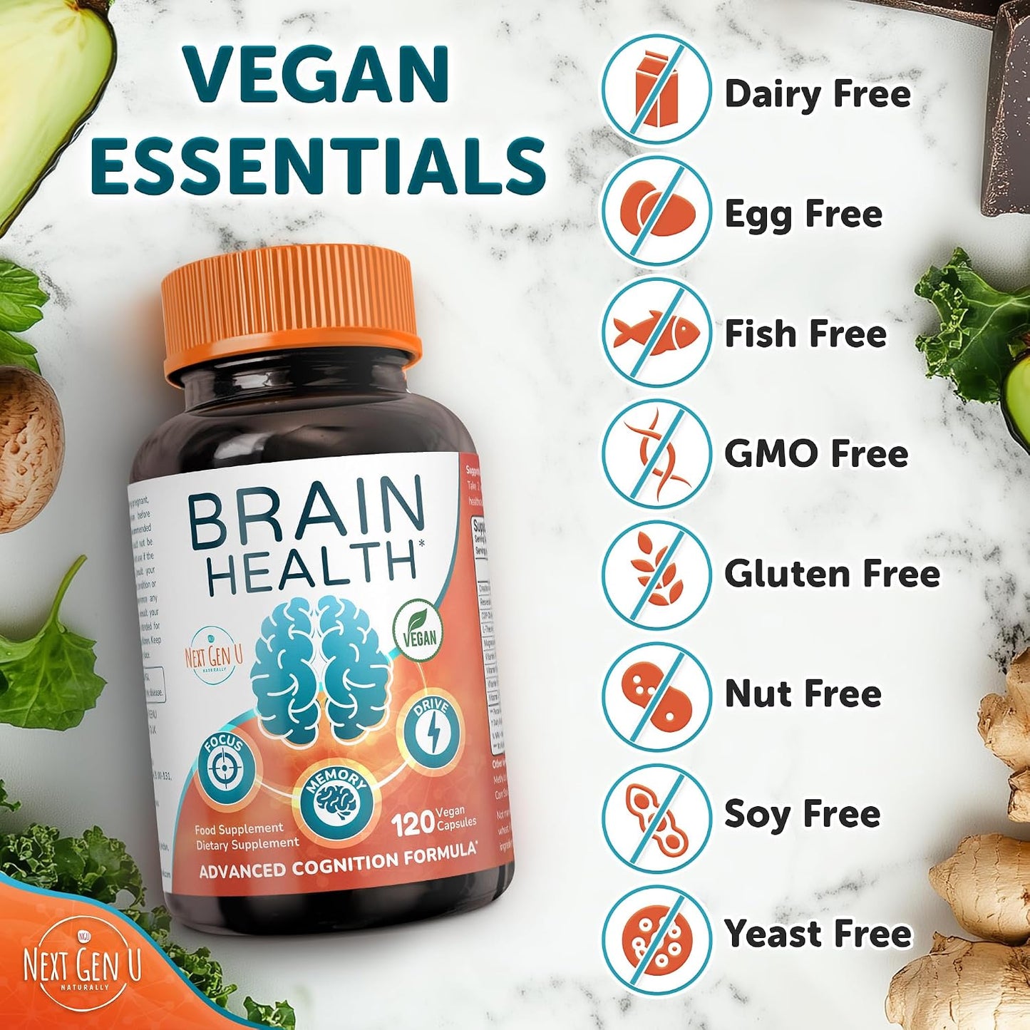 Brain Supplement - 120 Vegan Capsules - Nootropic for Memory, Cognitive Function and Focus - NextGenU - görsel 5