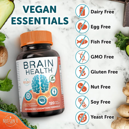 Brain Supplement - 120 Vegan Capsules - Nootropic for Memory, Cognitive Function and Focus - NextGenU