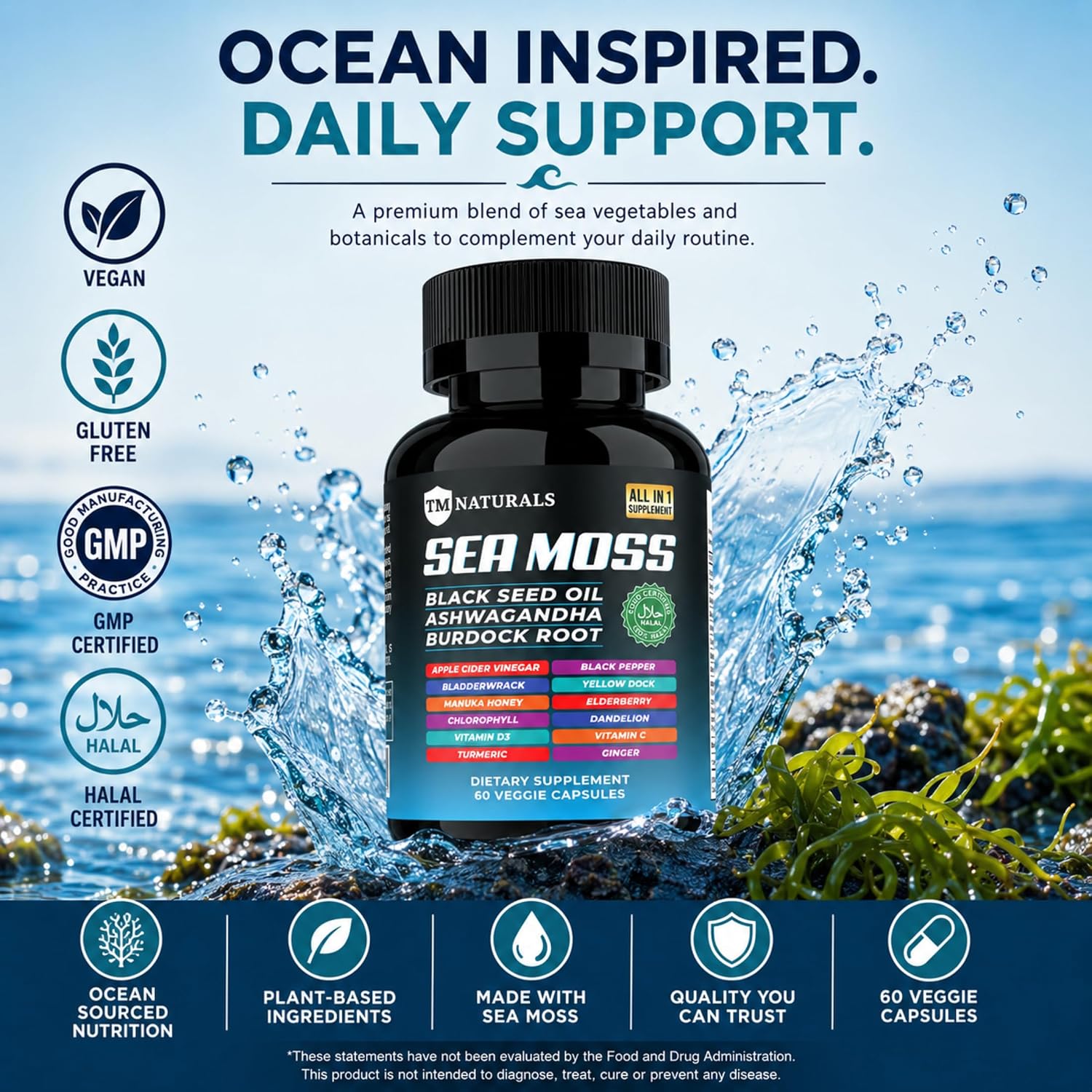 Sea Moss with Black Seed Oil, Vitamin C, Ashwagandha and Turmeric for Immune Support & Energy – 60 Vegan Capsules + Free Pill Box - görsel 5