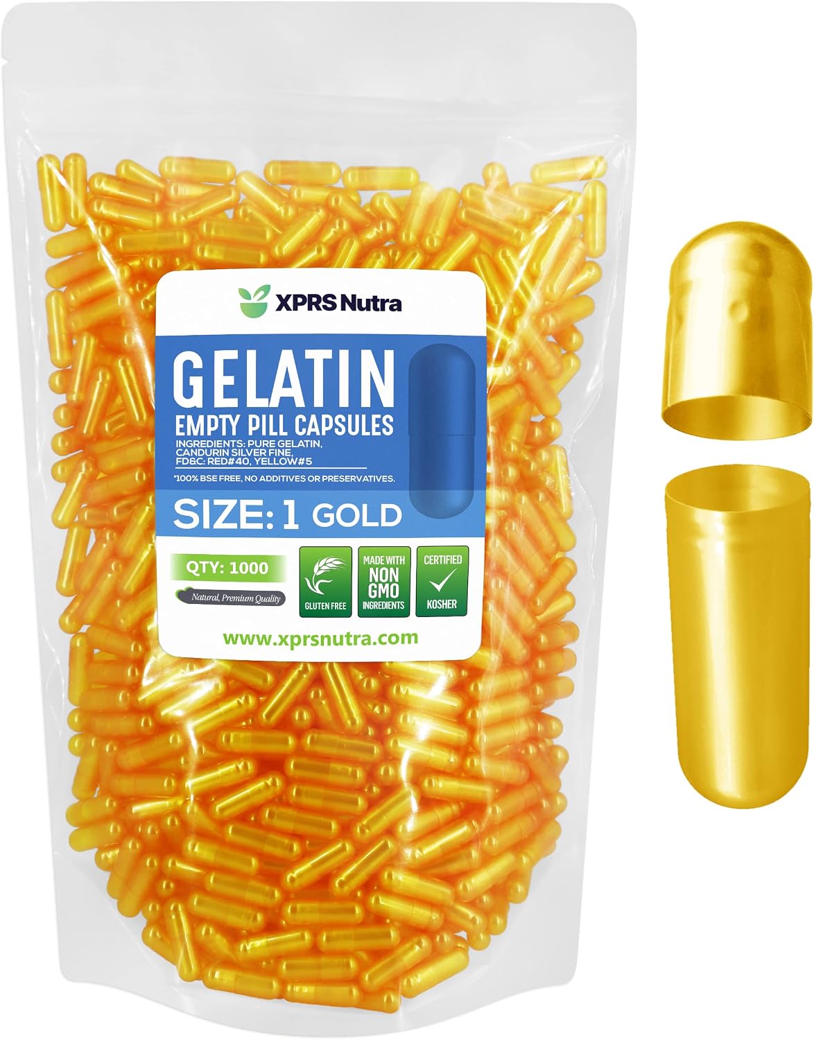 XPRS Nutra Size 1 Empty Gelatine Capsules - 1000 Count - DIY Pill Capsules (Gold) - görsel 1