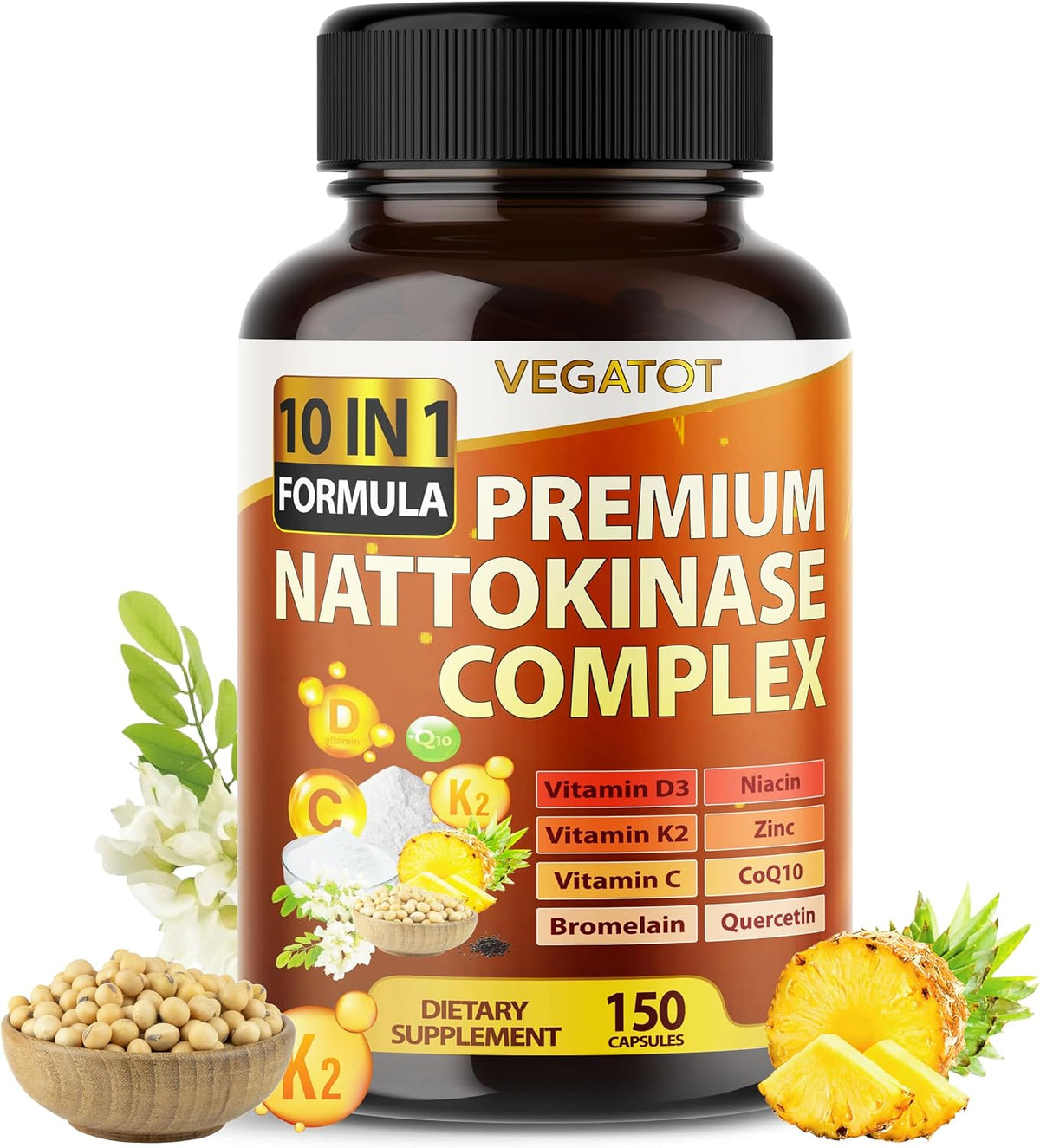 Vegatot Nattokinase Supplement, 10-in-1 Nattokinase Complex 6000 FU with Vitamin K2, CoQ10, Quercetin, Bromelain, and Niacin, Daily Enzyme and Wellness Support*, 150 Capsules, Non-GMO, Gluten-free - görsel 1