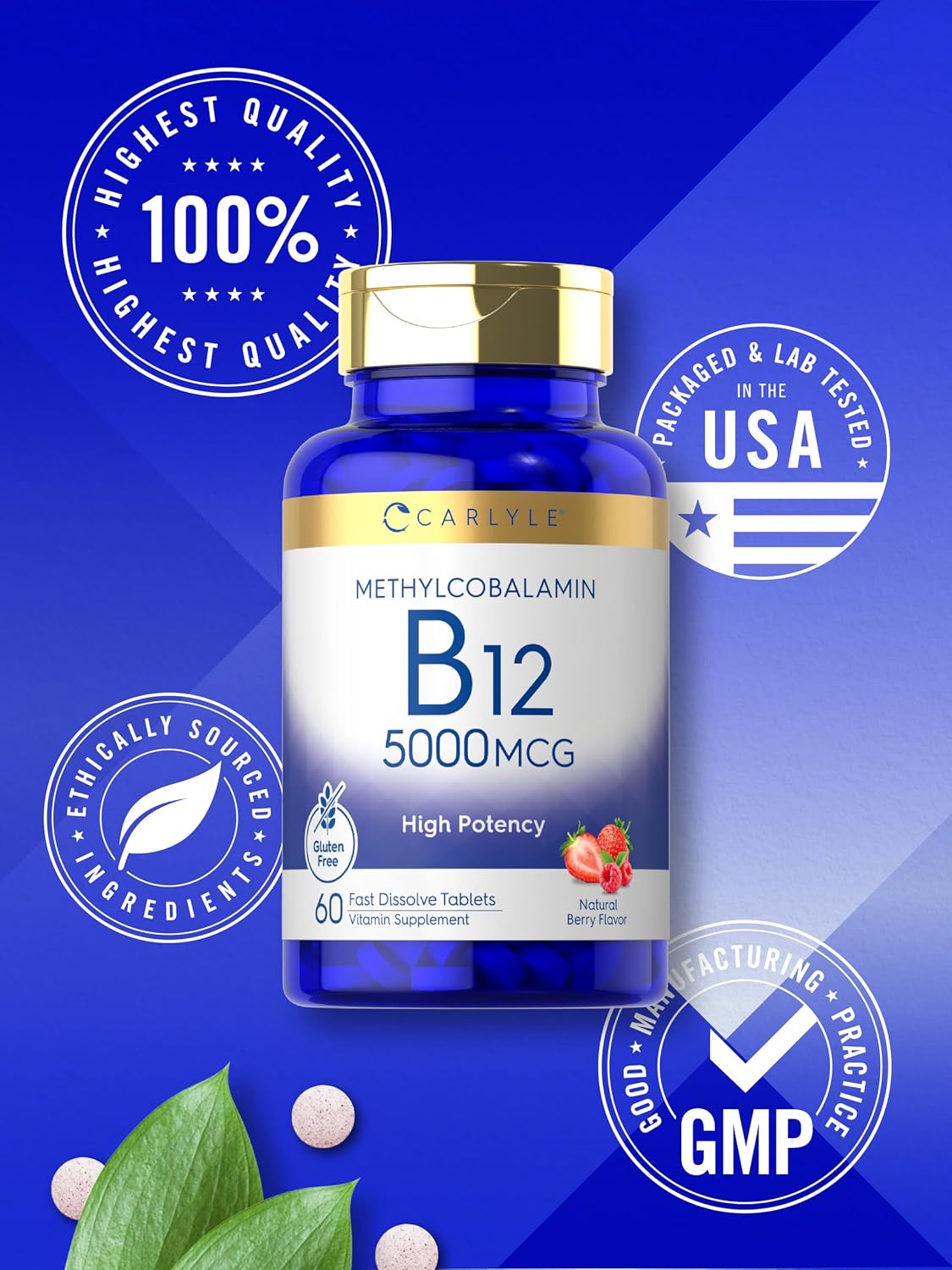 Carlyle Methylcobalamin Vitamin B12 5000mcg - 60 Fast Dissolving Tablets - Vegetarian, Non-GM & Gluten-free - görsel 6